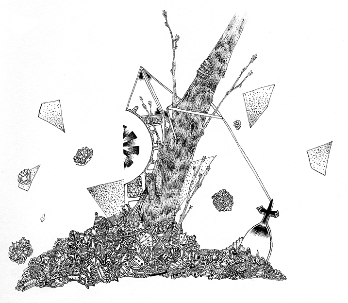 Black ink drawing of a tree in a pile of rubble next to a gravestone